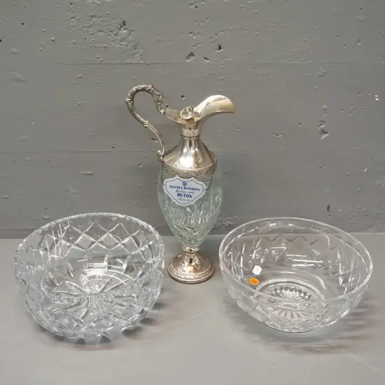 2 cut crystal bowls and a cut glass brandy ewer decanter with plated fittings, Buton brandy metal label and Distillerie