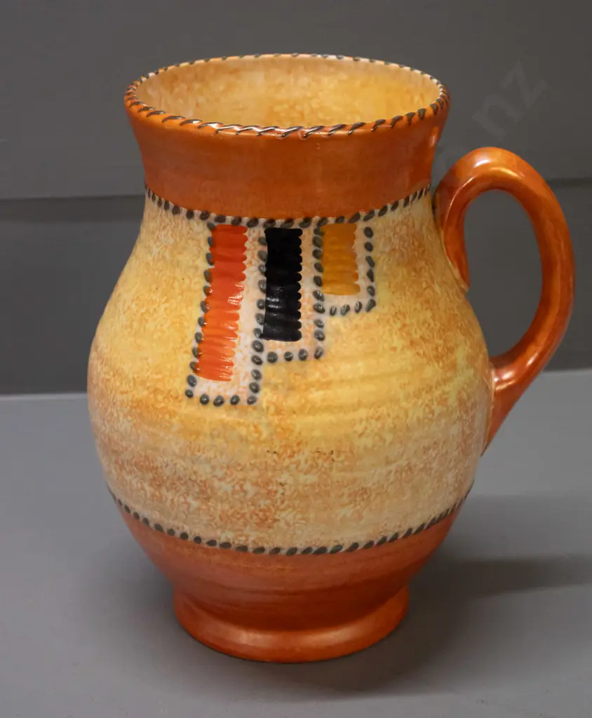 Crown Ducal deco style handled jug vase with orange and gold glaze H-210 W-150 handle to rim Image 1++