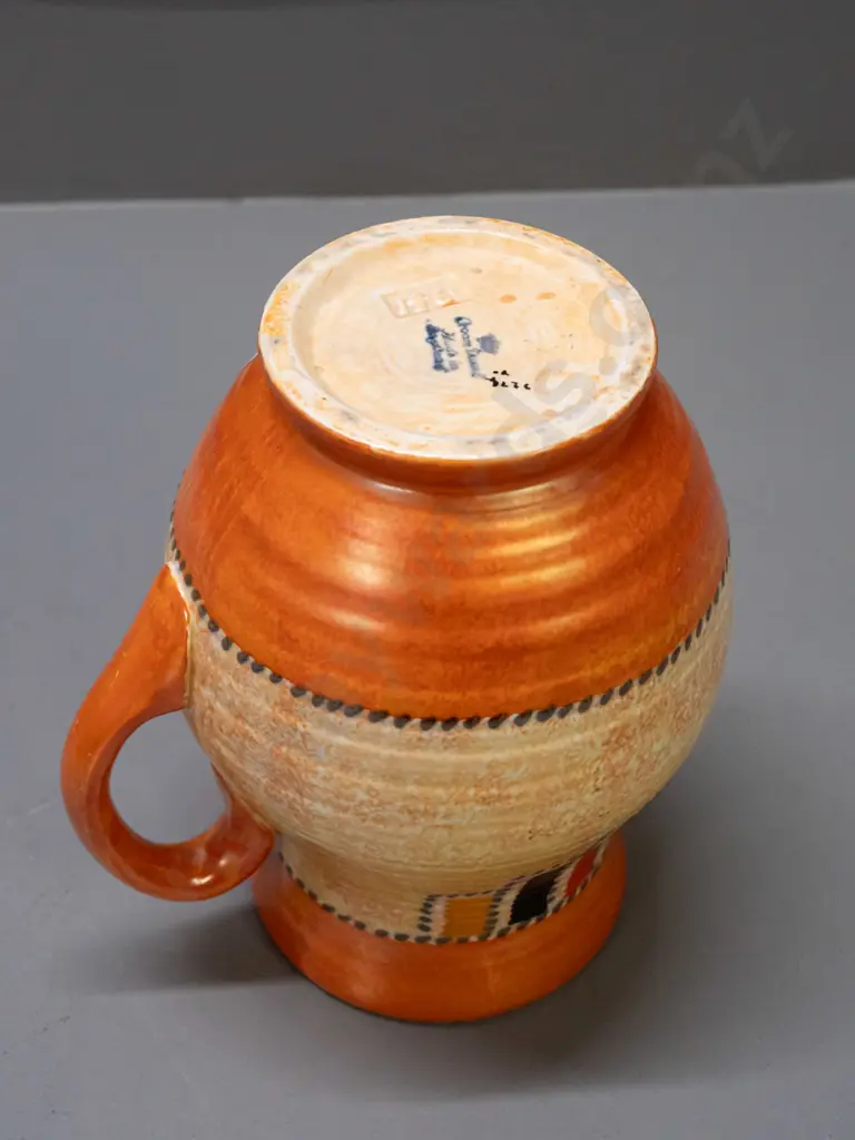 Crown Ducal deco style handled jug vase with orange and gold glaze H-210 W-150 handle to rim Image 1++