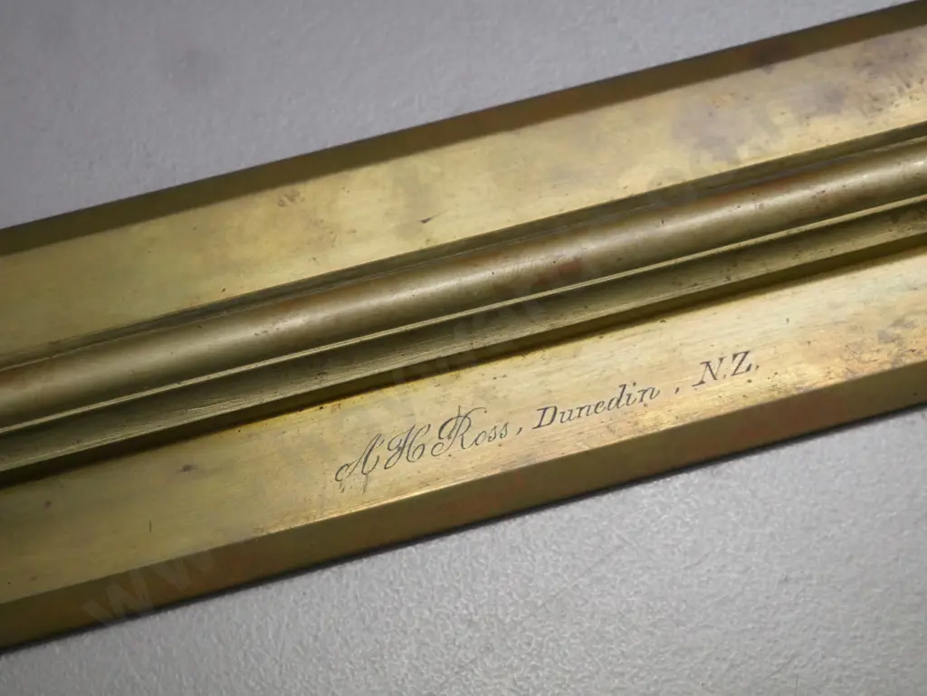 vintage brass rolling ruler, engraved 'A.H. Ross Dunedin NZ', w/ wooden case. Box L-645 Image 1++