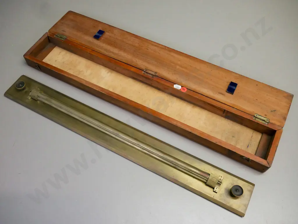 vintage brass rolling ruler, engraved 'A.H. Ross Dunedin NZ', w/ wooden case. Box L-645 Image 1++