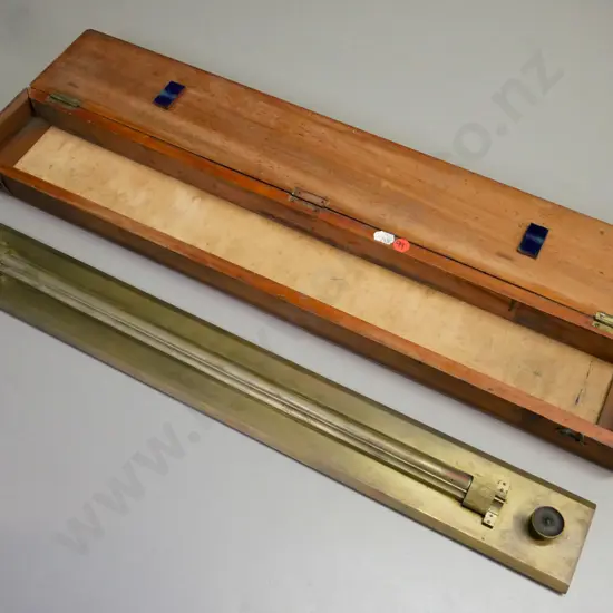vintage brass rolling ruler, engraved 'A.H. Ross Dunedin NZ', w/ wooden case. Box L-645