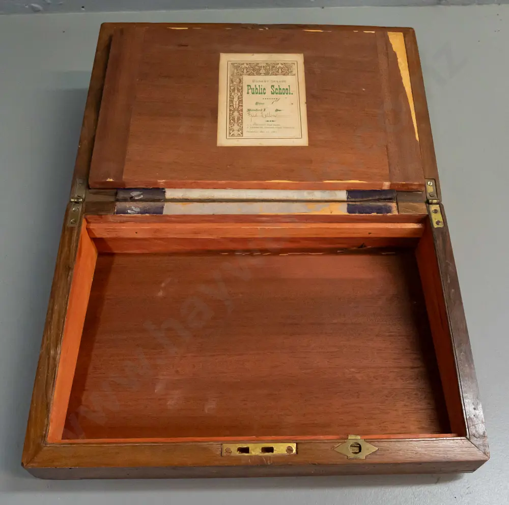 restorer's vintage writing box / lap desk with brass capped corner, unengraved cartouche, original inkwells with lids, Image 1++