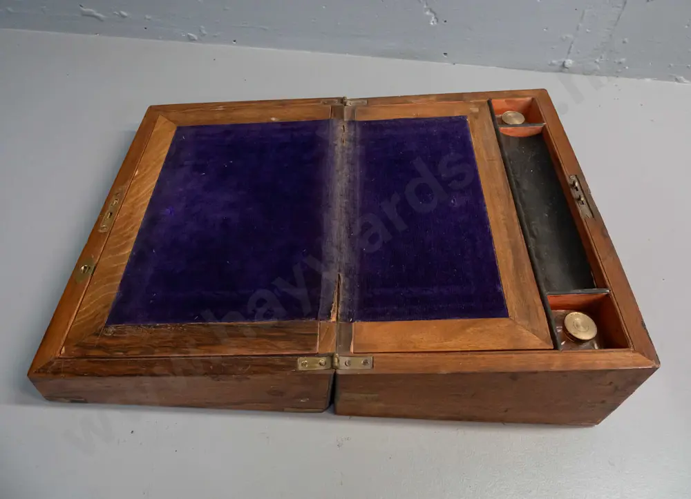 restorer's vintage writing box / lap desk with brass capped corner, unengraved cartouche, original inkwells with lids, Image 1++