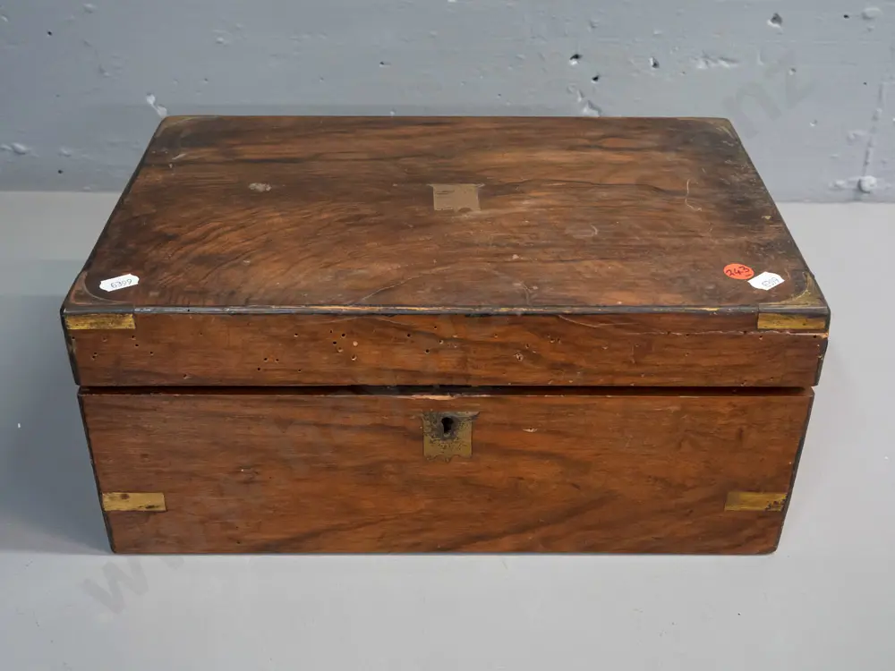 restorer's vintage writing box / lap desk with brass capped corner, unengraved cartouche, original inkwells with lids, Image 1++