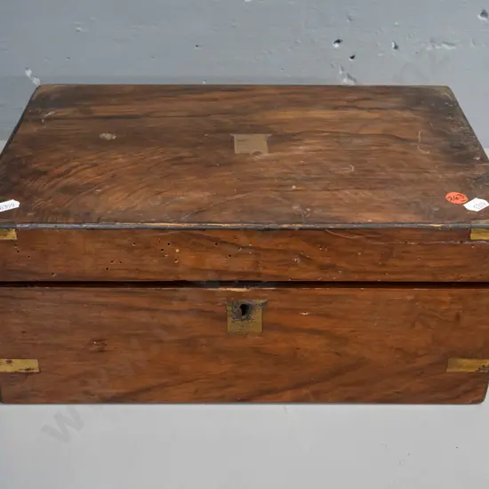 restorer's vintage writing box / lap desk with brass capped corner, unengraved cartouche, original inkwells with lids,