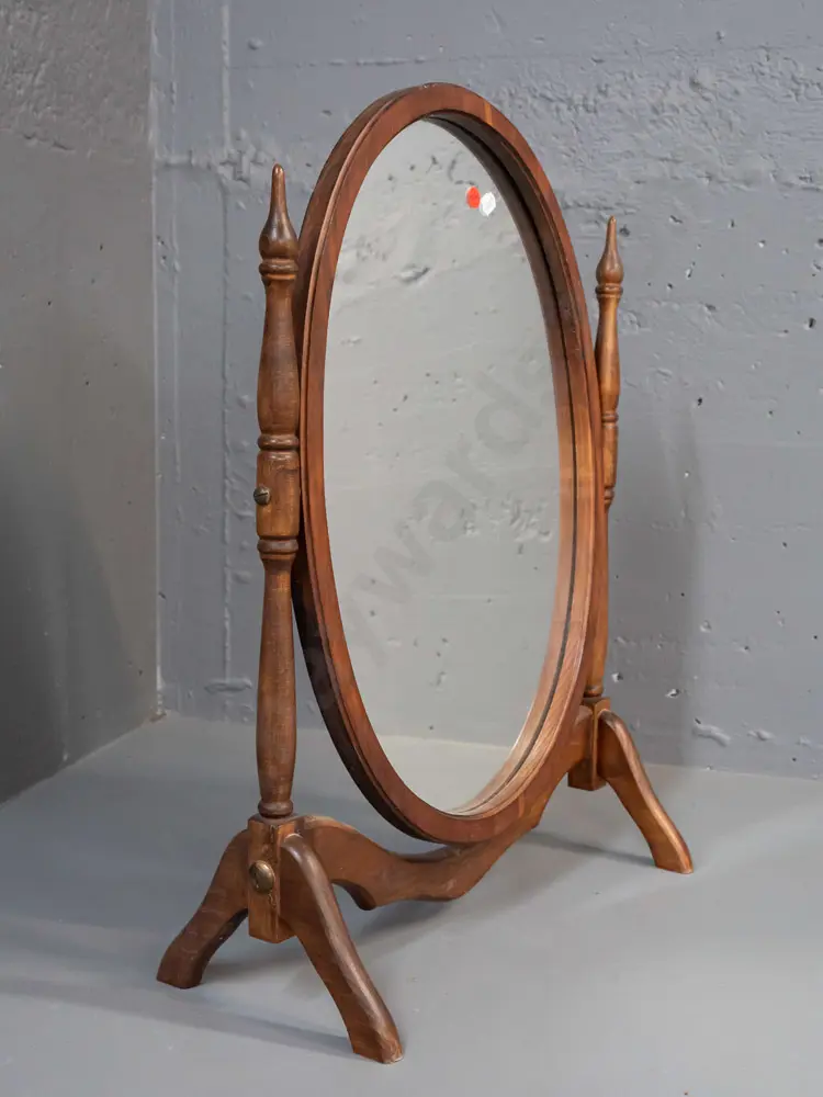 retro mixed timber freestanding oval cheval dressing table mirror - some fading and wear H-570 W-410 Image 1++