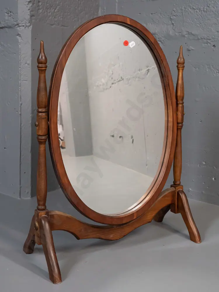 retro mixed timber freestanding oval cheval dressing table mirror - some fading and wear H-570 W-410 Image 1++
