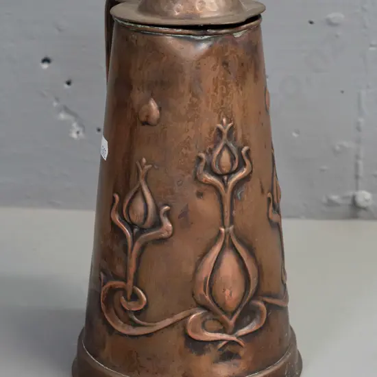 vintage arts & crafts style pressed copper-plated jug with hand beaten hinged lid - some dents and discolouration H-240