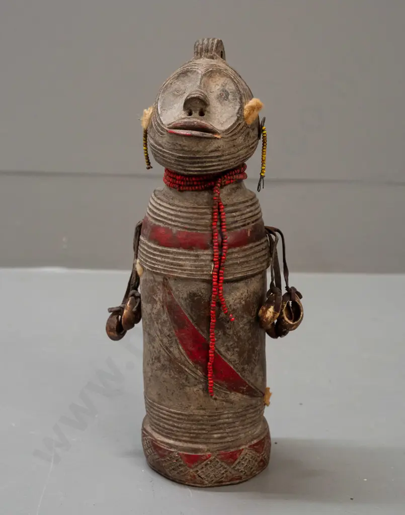 tribal style pottery figure with beads and shells, remnant fur or wool decoration H-230 Image 1++