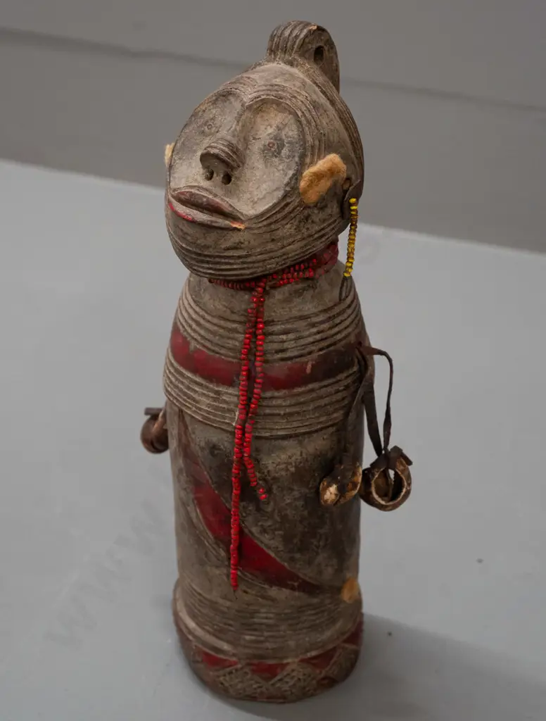 tribal style pottery figure with beads and shells, remnant fur or wool decoration H-230 Image 1++