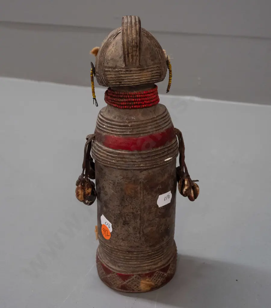tribal style pottery figure with beads and shells, remnant fur or wool decoration H-230 Image 1++