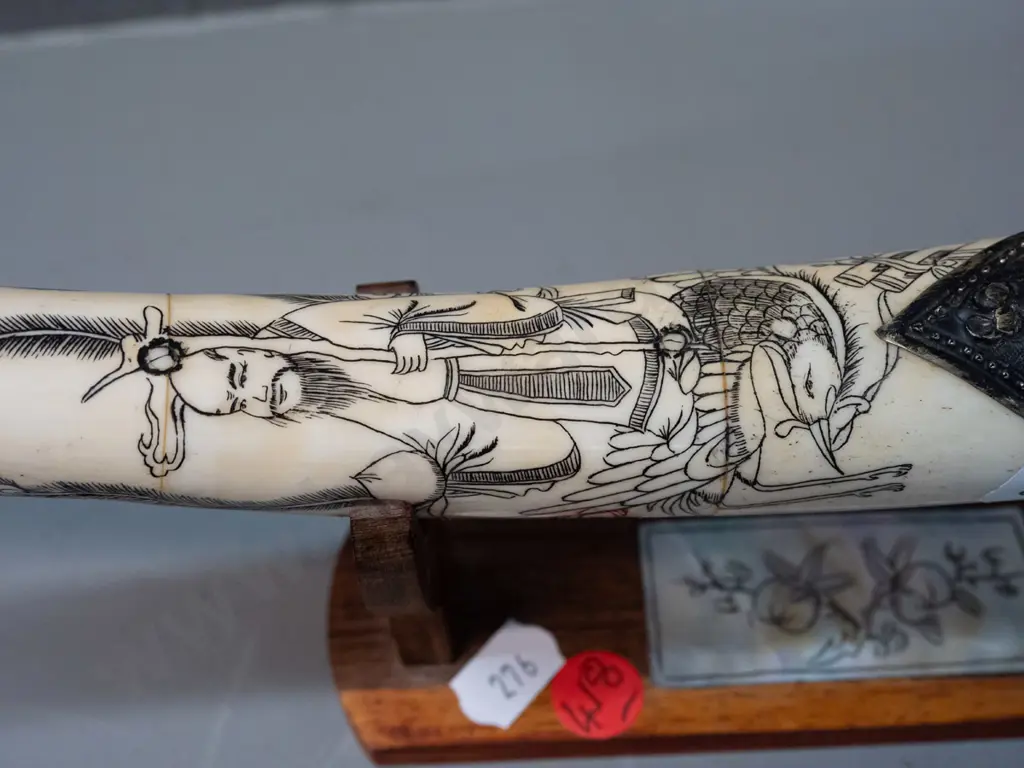 Chinese ornamental pipe - scrimshaw style decoration on bone or faux-bone composite w/ horn ends, on display stand L380 Image 1++