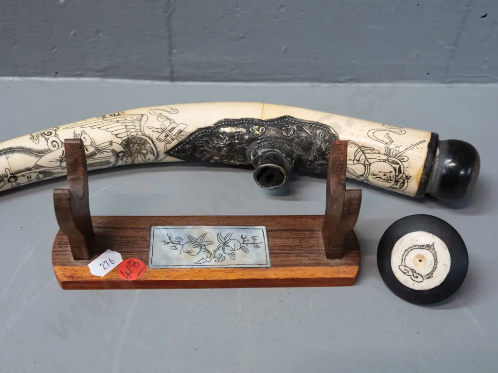 Chinese ornamental pipe - scrimshaw style decoration on bone or faux-bone composite w/ horn ends, on display stand L380 Image 1++