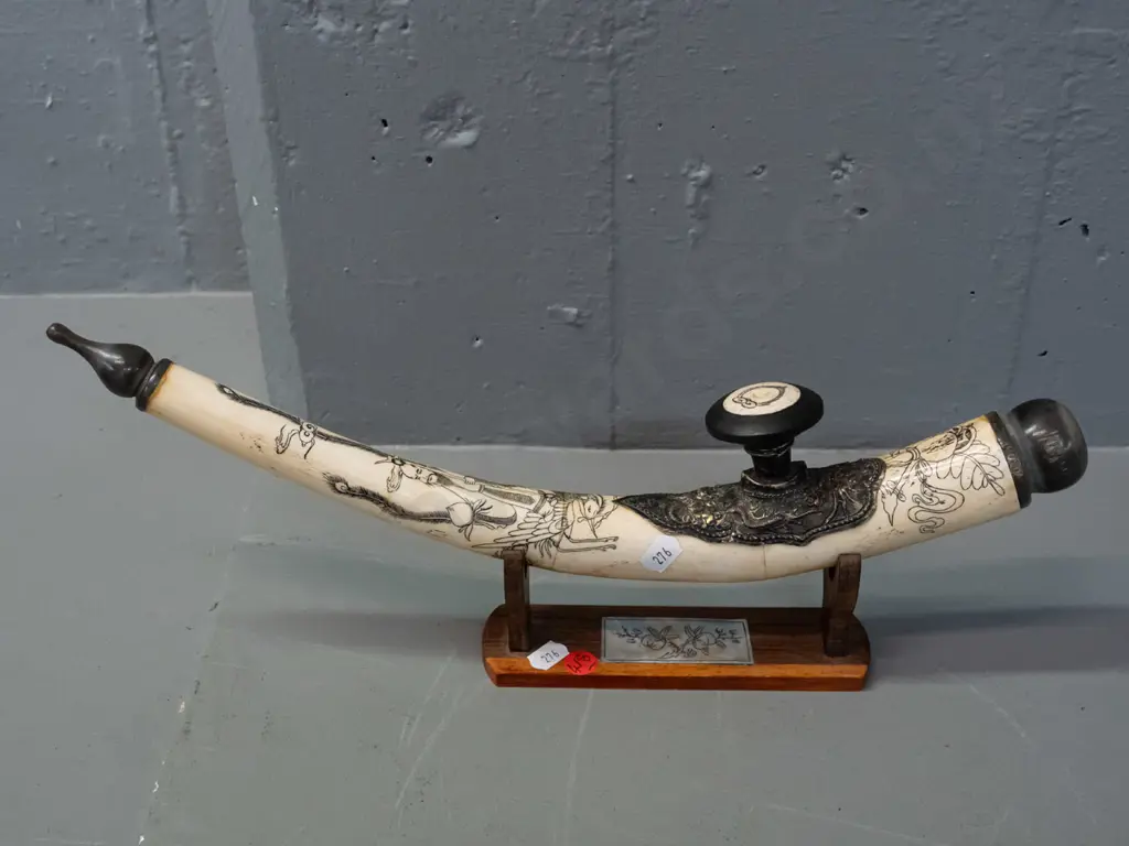 Chinese ornamental pipe - scrimshaw style decoration on bone or faux-bone composite w/ horn ends, on display stand L380 Image 1++