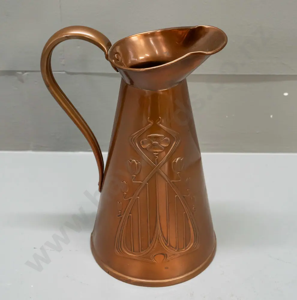 art nouveau copper jug - marked JS&S Solid Copper / Made in England - some dents H-220 W-150 handle to spout Image 1++