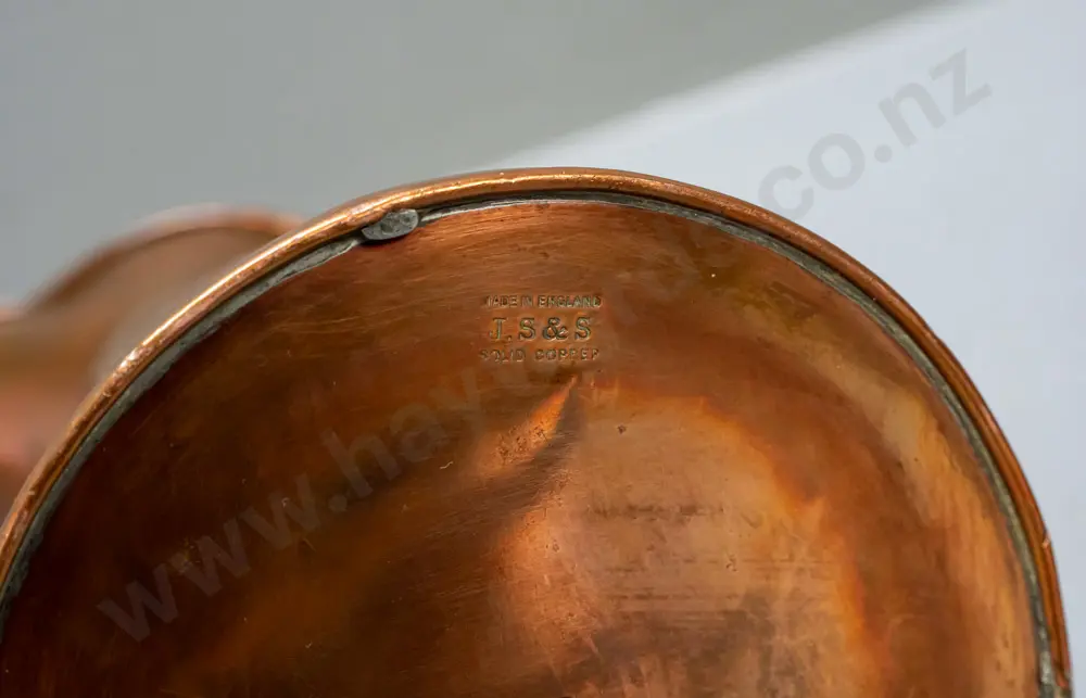 art nouveau copper jug - marked JS&S Solid Copper / Made in England - some dents H-220 W-150 handle to spout Image 1++