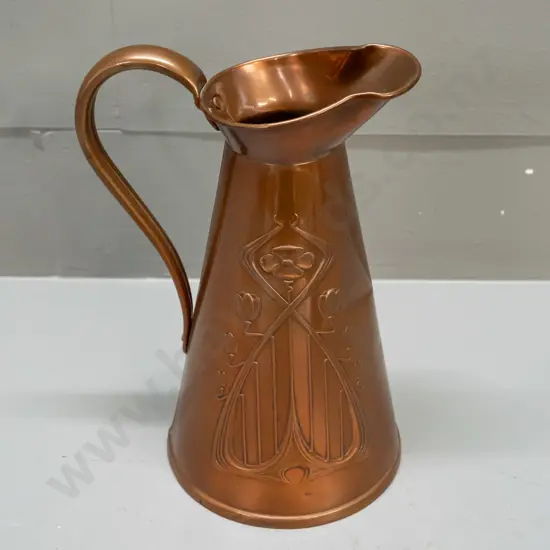 art nouveau copper jug - marked JS&S Solid Copper / Made in England - some dents H-220 W-150 handle to spout