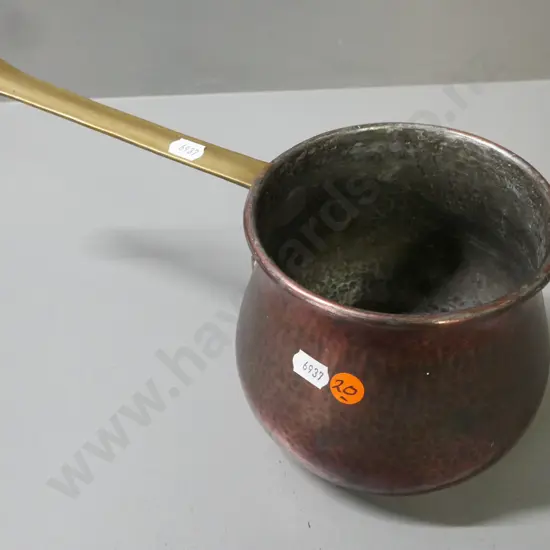 vintage hand-beaten pot, copper-plated outer, white metal inner, brass handle. Initial stamp to bottom. H-130 L-330