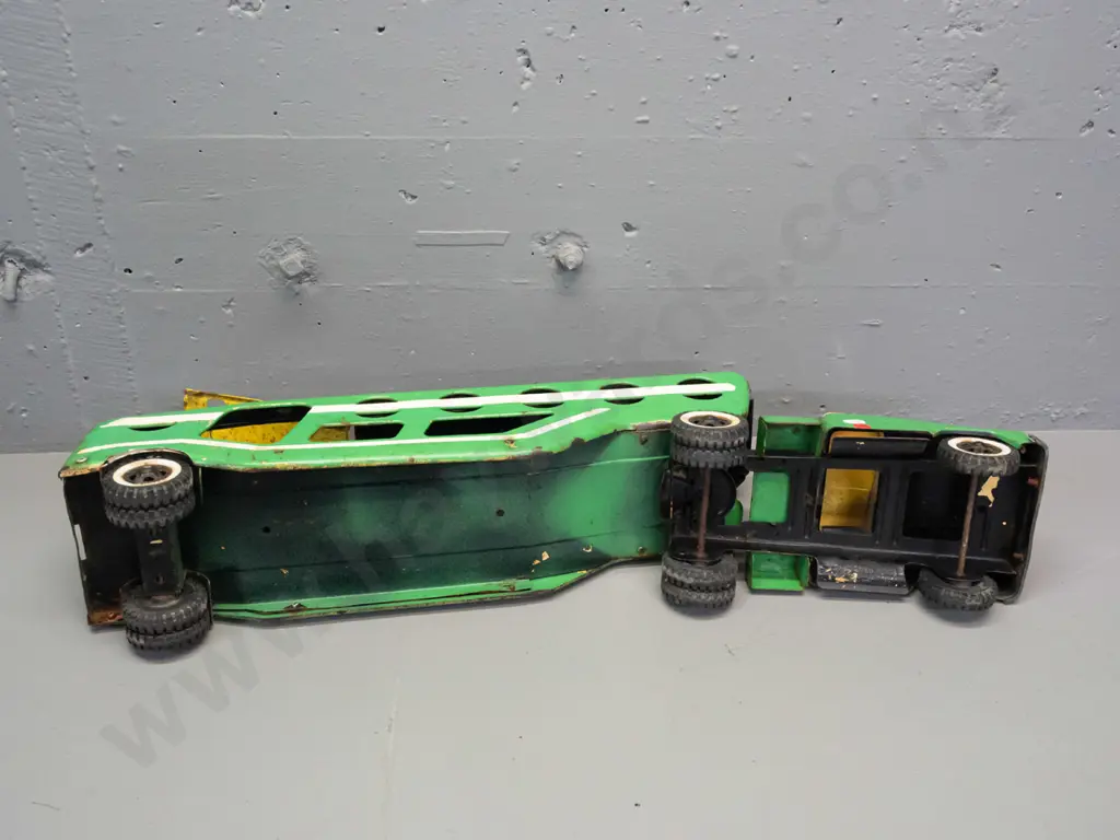 vintage tin toy car transporter truck and trailer, wheels marked Tonka - overall paint wear, corrosion, denting, small Image 1++