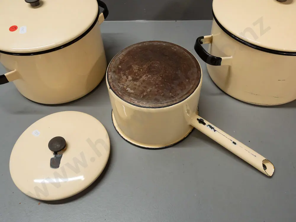 3 Kockum Sweden cream and black enamel ware pots with maker's marks under lid - larger H-170 L-240 Image 1++