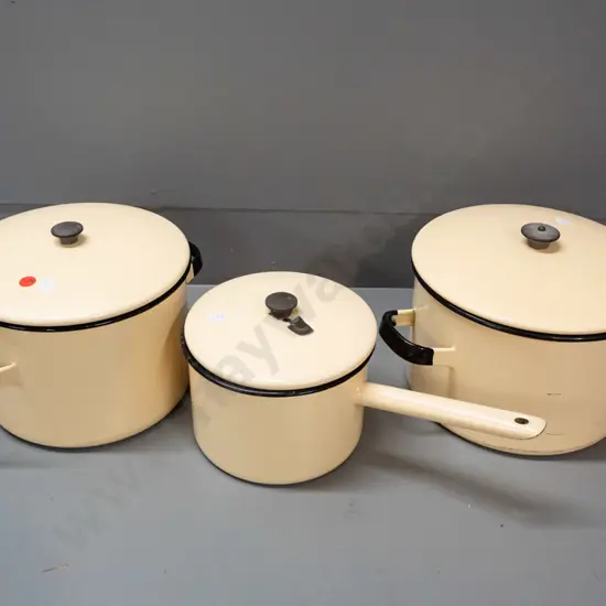 3 Kockum Sweden cream and black enamel ware pots with maker's marks under lid - larger H-170 L-240