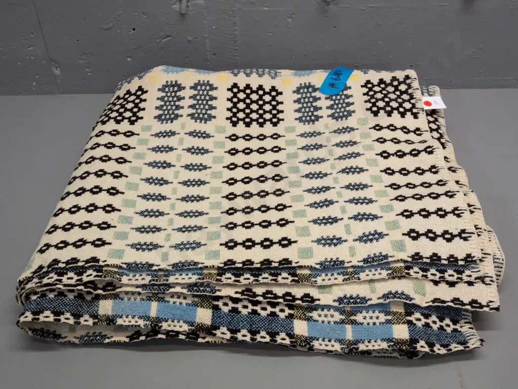 Welsh tapestry wool geometric pattern woven blanket - some minor staining L-2130 W-1850 Image 1++