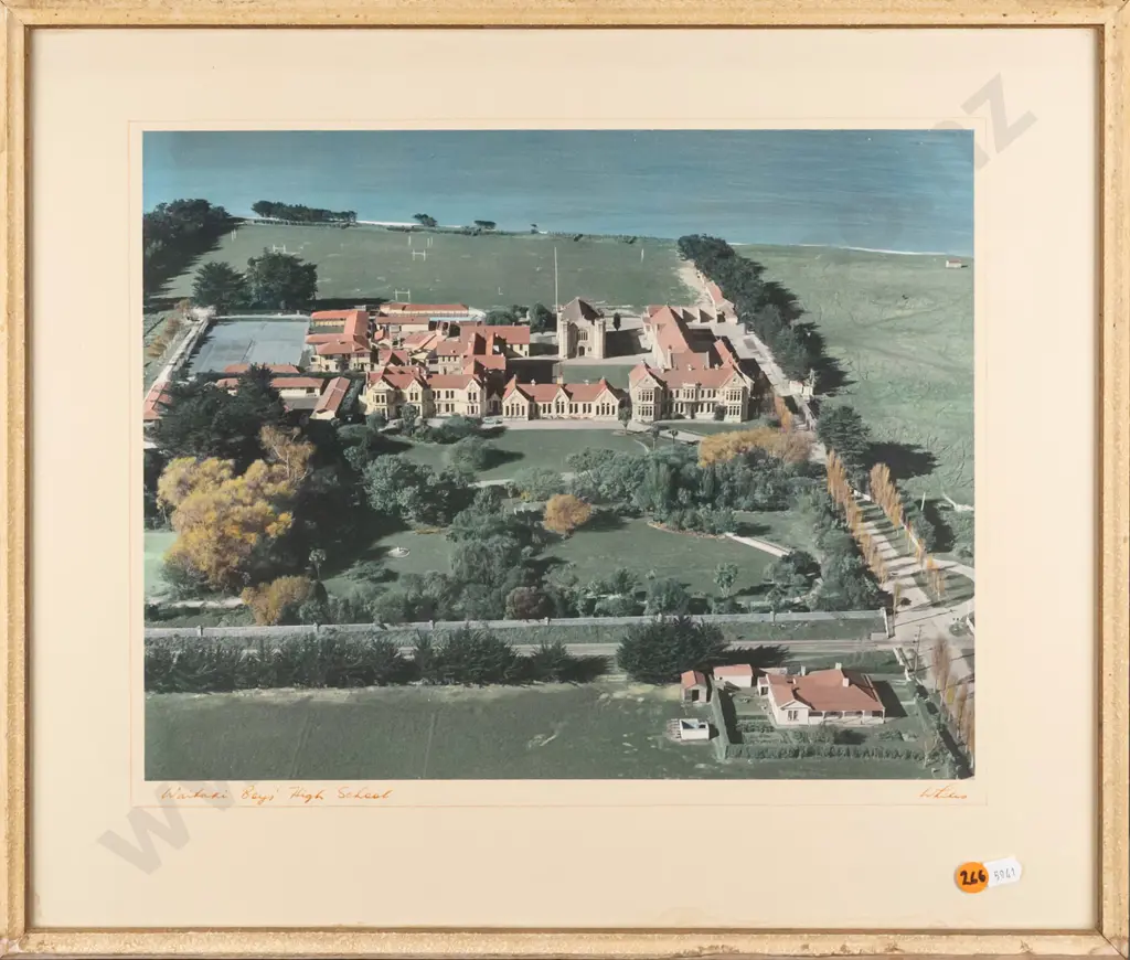 Whites Aviation -- framed hand-coloured photo "Waitaki Boys' High School" H-290 W-370 [water stain to lower mat, surface Image 1++