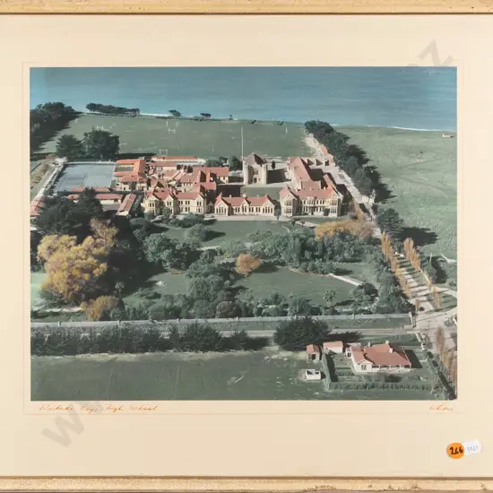 Whites Aviation -- framed hand-coloured photo "Waitaki Boys' High School" H-290 W-370 [water stain to lower mat, surface