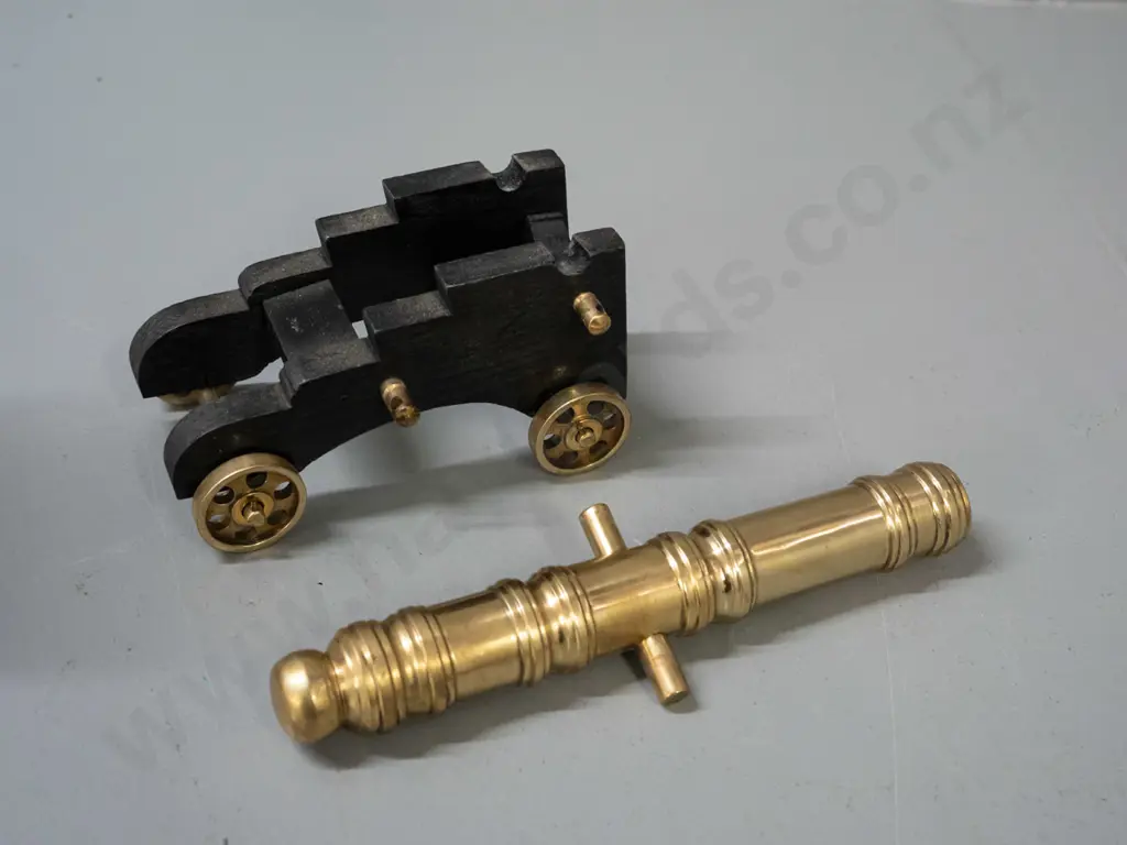 small polished brass ornamental cannon on wooden carriage with brass wheels H-90 L-210 Image 1++