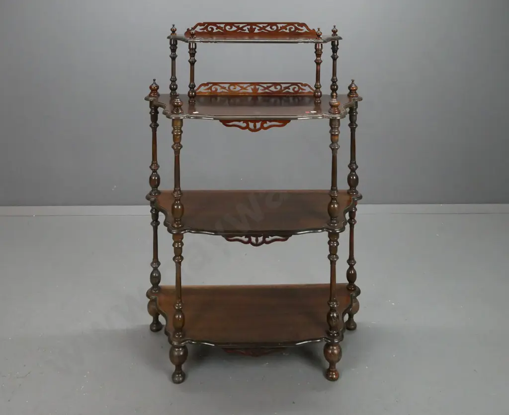vintage walnut veneered 4-tier whatnot with turned supports, pierced & carved upstands on top 2 tiers - some Image 1++