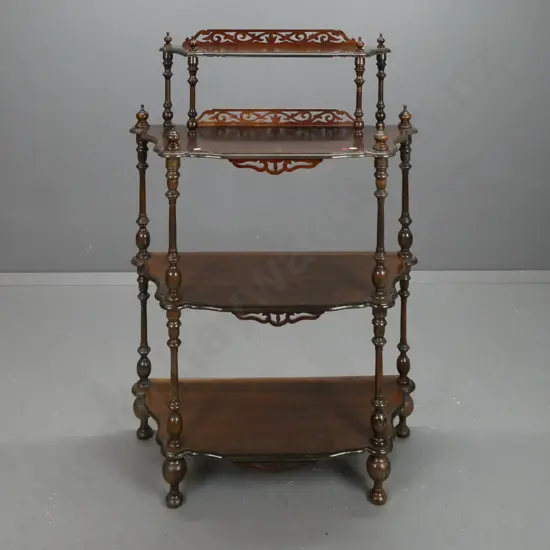 vintage walnut veneered 4-tier whatnot with turned supports, pierced & carved upstands on top 2 tiers - some