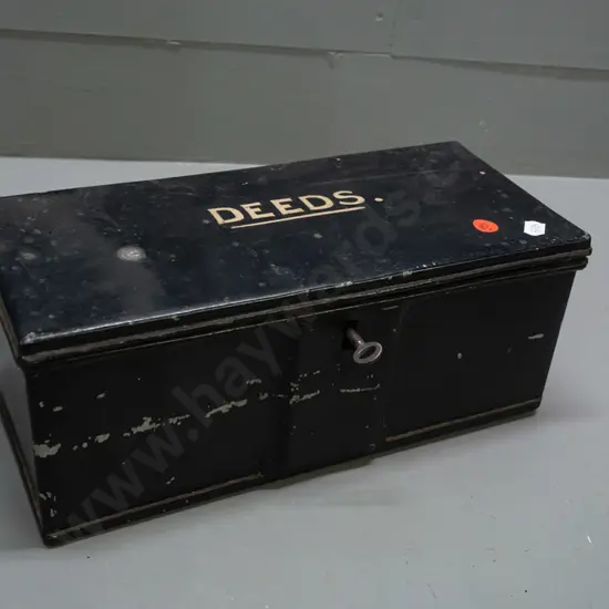 vintage metal deed box with lock and key - lock works but doesn't latch properly, top slightly bent H-125 W-320 D-140