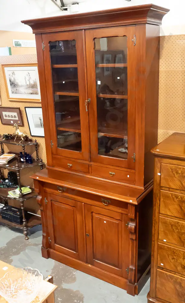 Edwardian rimu bookcase chiffonier with 2 glazed doors and and adjustable shelving and 2 drawers over Image 1++