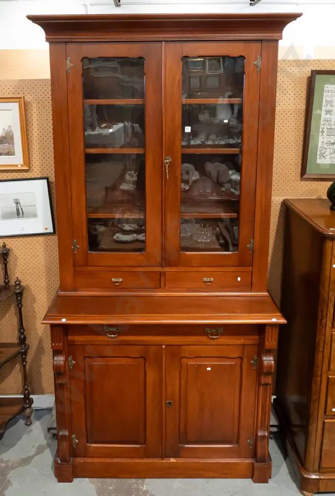 Edwardian rimu bookcase chiffonier with 2 glazed doors and and adjustable shelving and 2 drawers over Image 1++