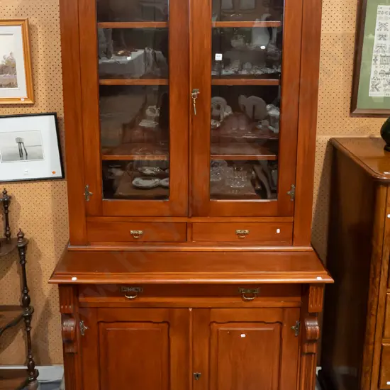 Edwardian rimu bookcase chiffonier with 2 glazed doors and and adjustable shelving and 2 drawers over