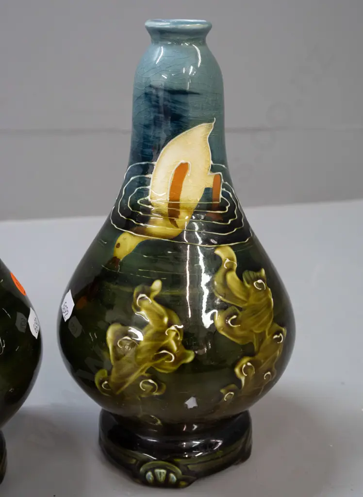 pair of Ravissant Ware vases with duck and pond motif and a Bisto England speckle blue and enamel fruit motif vase with Image 1++