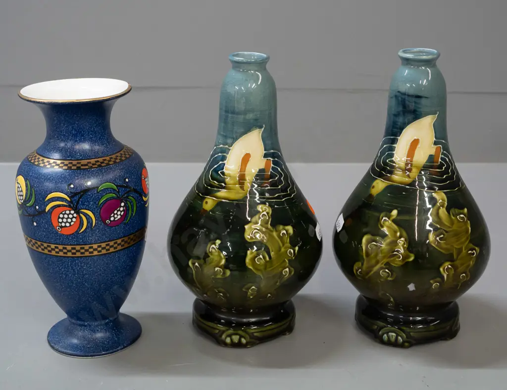 pair of Ravissant Ware vases with duck and pond motif and a Bisto England speckle blue and enamel fruit motif vase with Image 1++