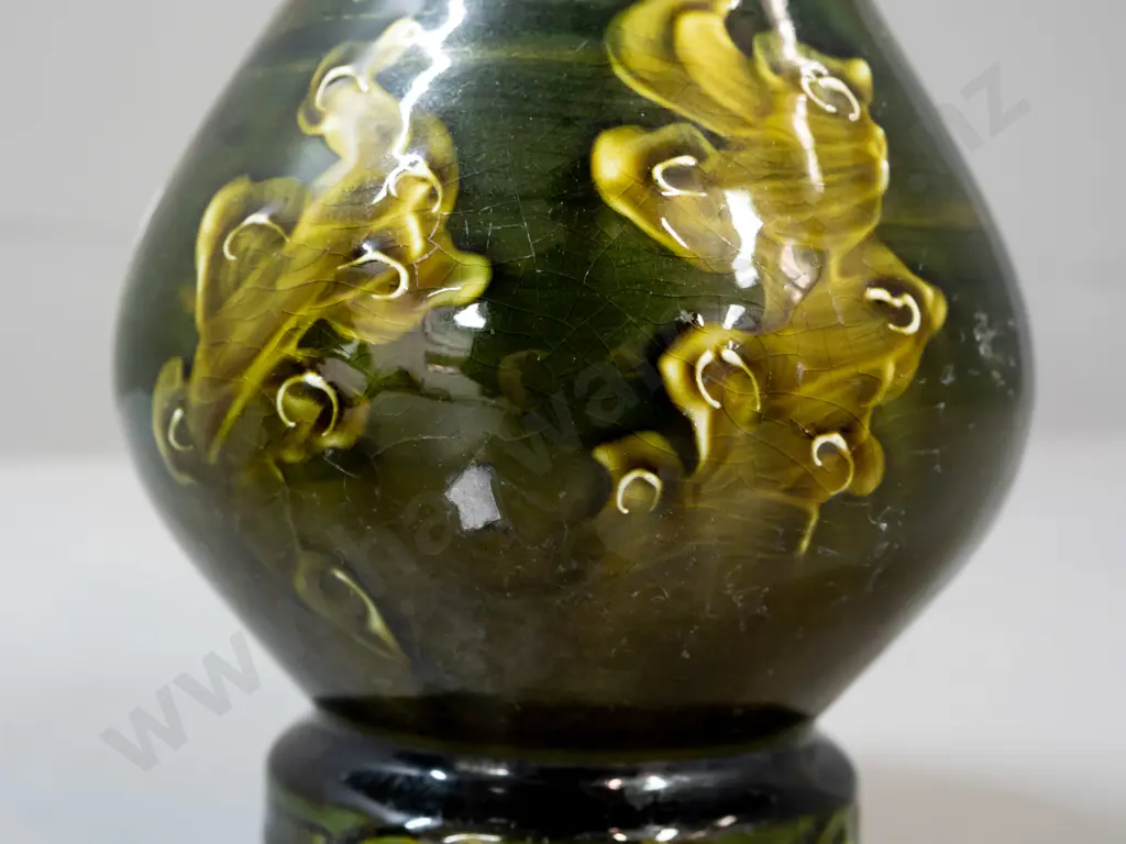 pair of Ravissant Ware vases with duck and pond motif and a Bisto England speckle blue and enamel fruit motif vase with Image 1++