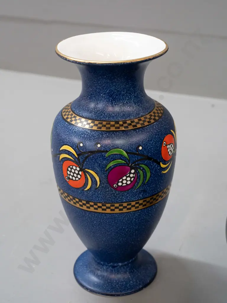 pair of Ravissant Ware vases with duck and pond motif and a Bisto England speckle blue and enamel fruit motif vase with Image 1++