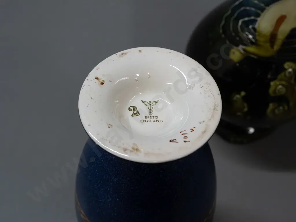 pair of Ravissant Ware vases with duck and pond motif and a Bisto England speckle blue and enamel fruit motif vase with Image 1++