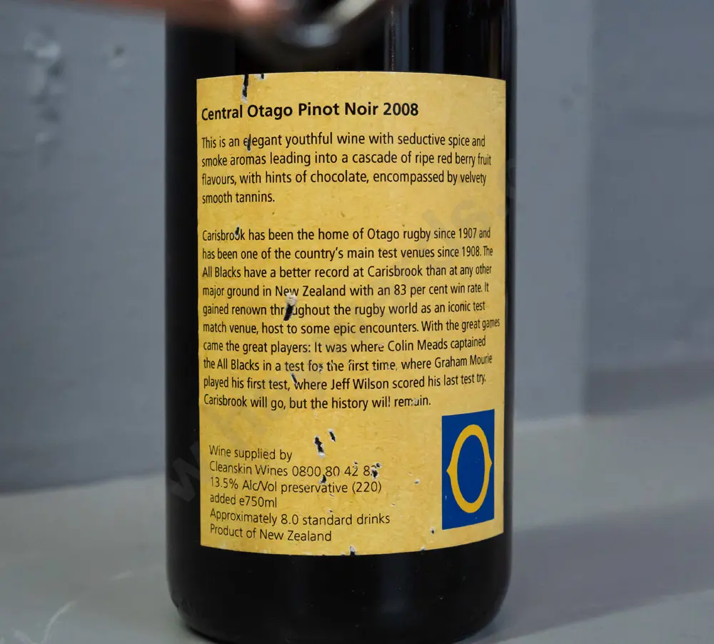 bottle of 2008 Central Otago pinot noir - signed by Colin Meads, custom commemorating last test match at The 'Brook Image 1++