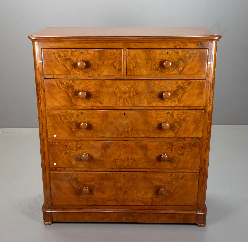 Victorian 6-drawer walnut veneer round-cornered chest with burr walnut drawer fronts, turned wooden knobs, brass Image 1++