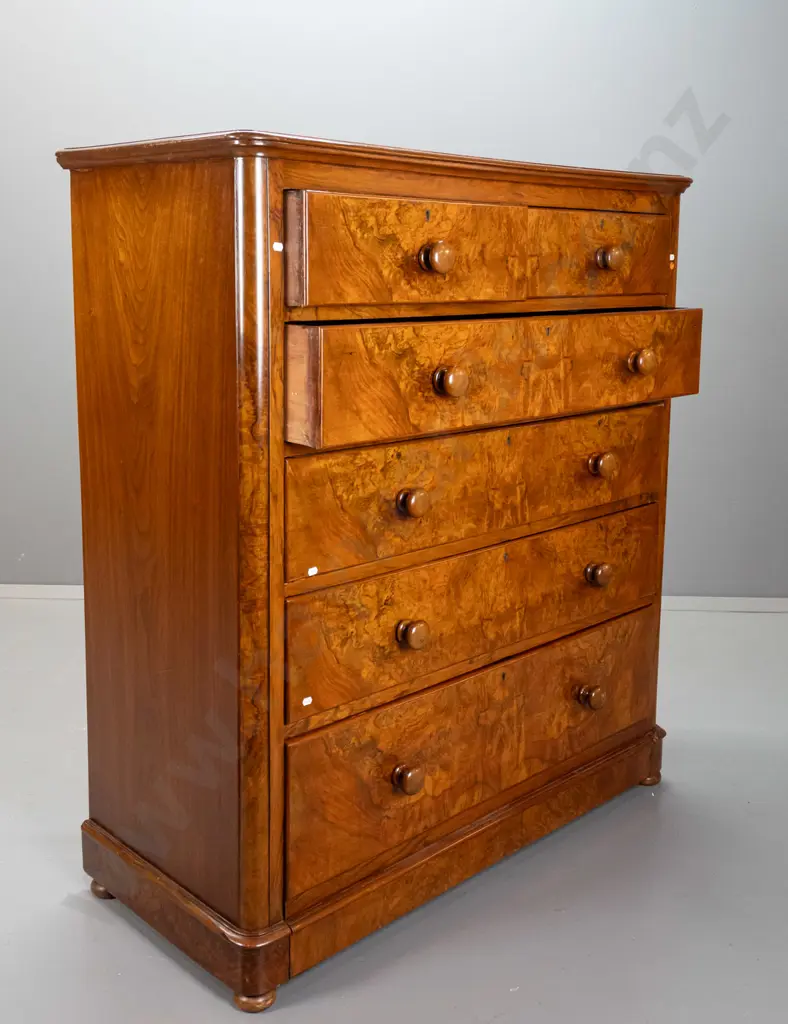 Victorian 6-drawer walnut veneer round-cornered chest with burr walnut drawer fronts, turned wooden knobs, brass Image 1++