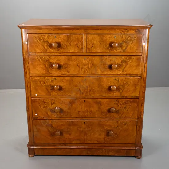 Victorian 6-drawer walnut veneer round-cornered chest with burr walnut drawer fronts, turned wooden knobs, brass