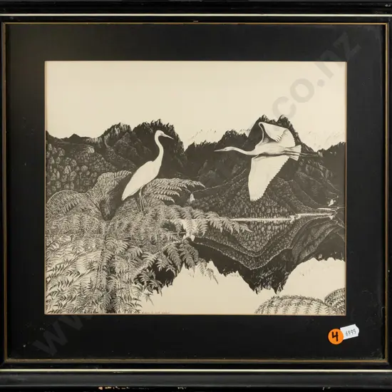 Rei Hamon -- framed print "Return to Still Waters" H-230 W-270 [paint loss to frame]
