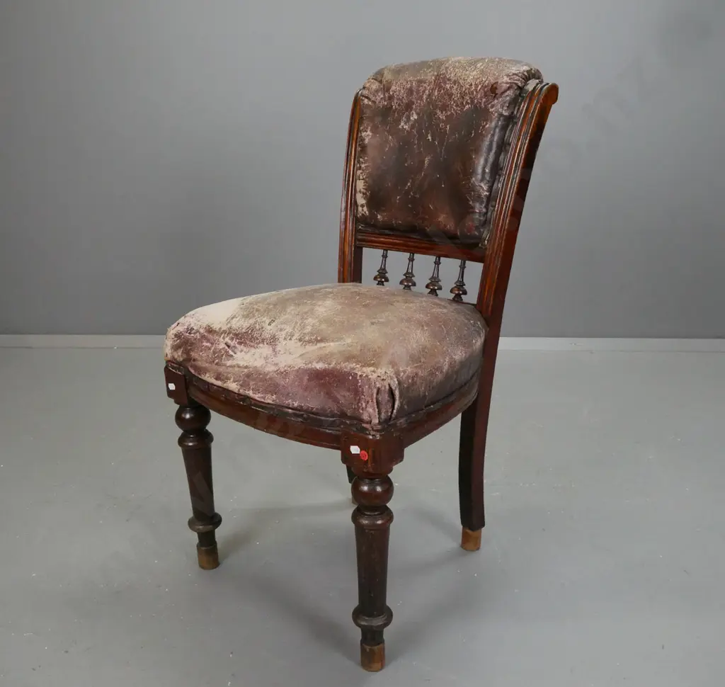 restorer's Victorian oak side chair with spindle back, brass Schoullar & Chisholm plaque under seat - heavy wear to Image 1++