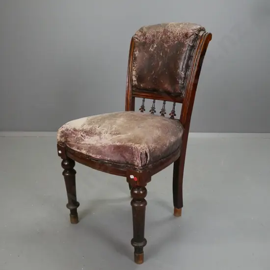 restorer's Victorian oak side chair with spindle back, brass Schoullar & Chisholm plaque under seat - heavy wear to