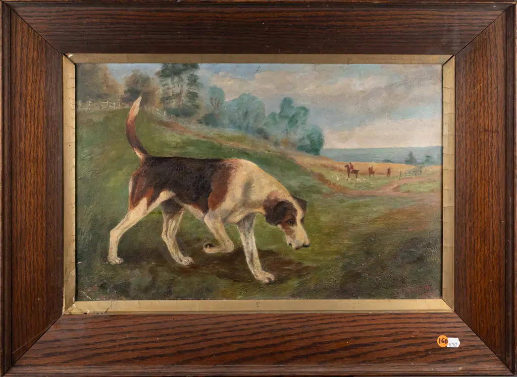 Grath 1903 -- framed oil on board, foxhound & hunting scene, H-295 W-455 [crazing, cracks to support & frame lower left Image 1++