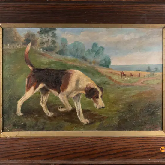 Grath 1903 -- framed oil on board, foxhound & hunting scene, H-295 W-455 [crazing, cracks to support & frame lower left
